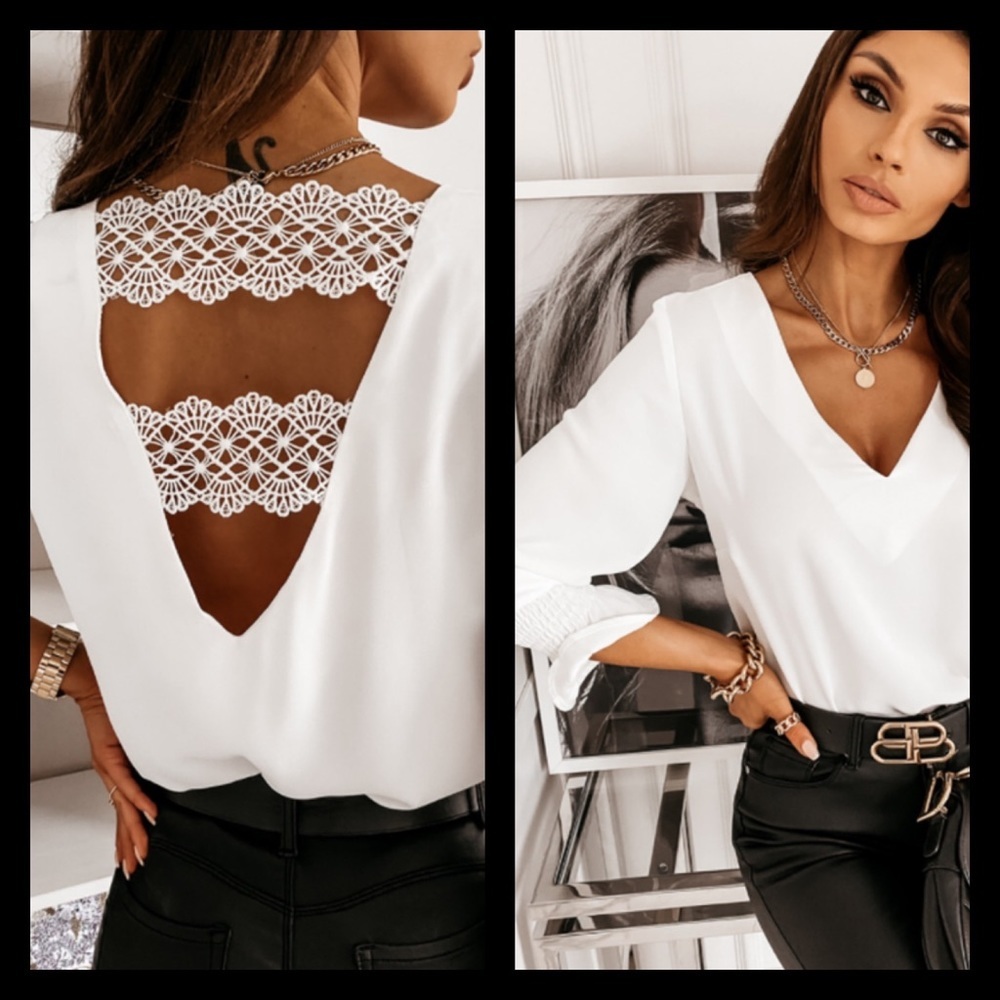 White Low Back V Neck Lace Trim Blouse Large